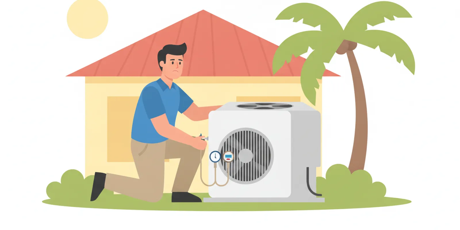HVAC technician inspecting an outdoor air conditioner compressor at a Florida home
