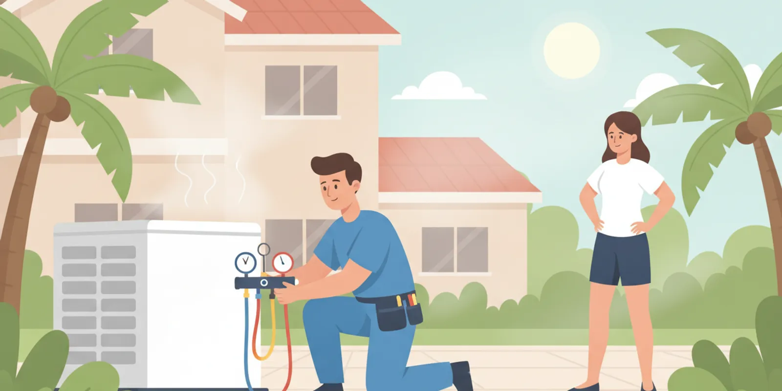 HVAC technician inspecting an outdoor air conditioner at a Florida home