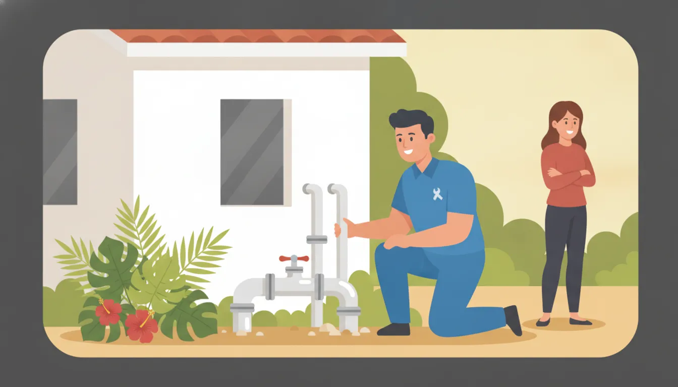 Plumber inspecting outdoor backflow prevention piping beside a South Florida home