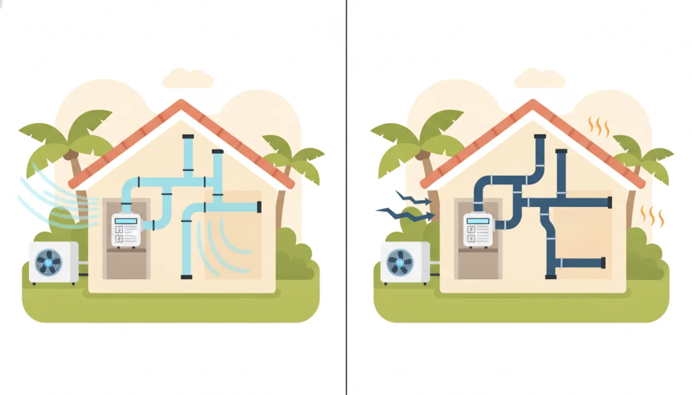Cutaway comparison of balanced and unbalanced AC airflow in a Florida home