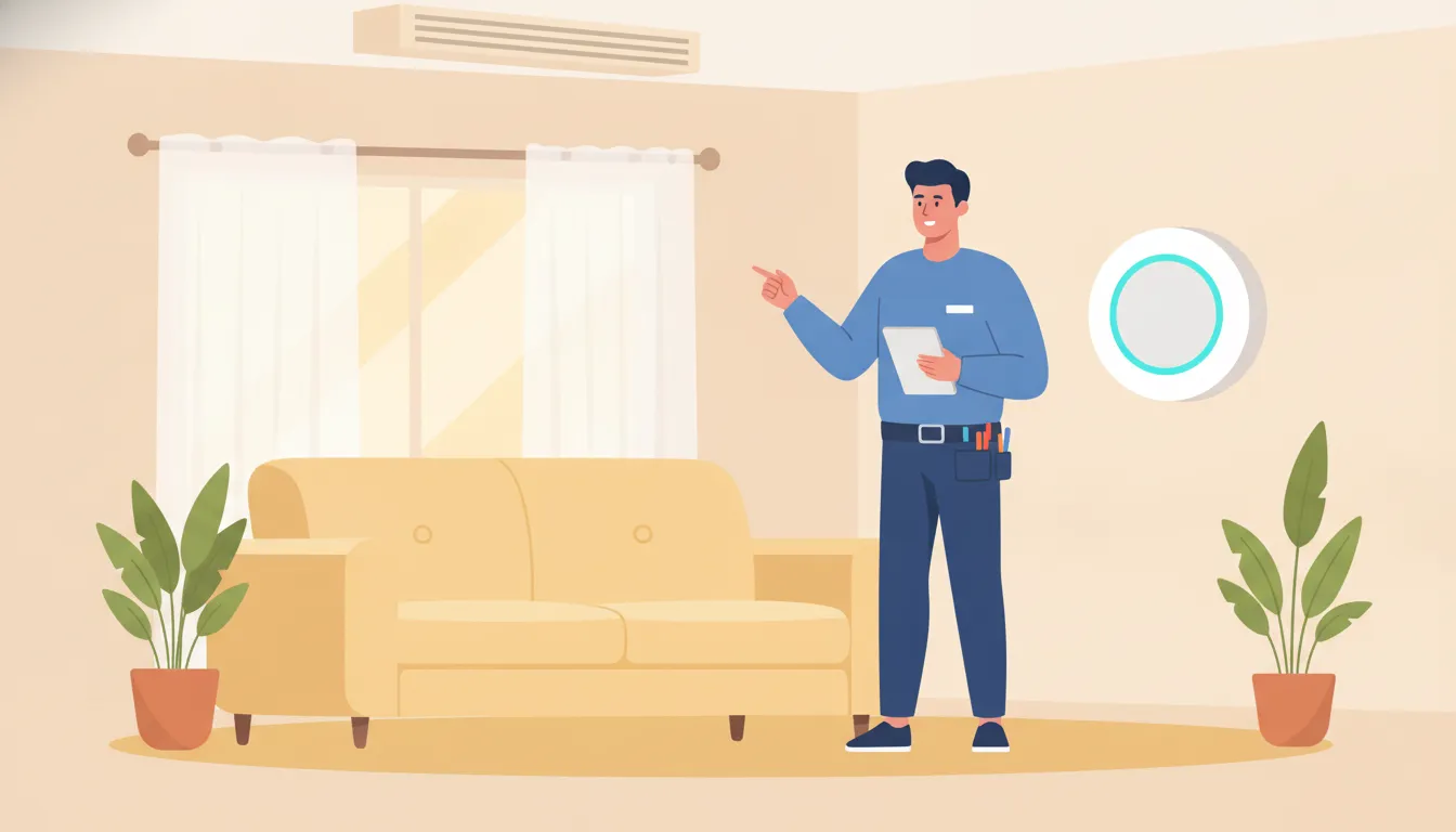HVAC technician explaining a wall-mounted smart thermostat in a Florida home