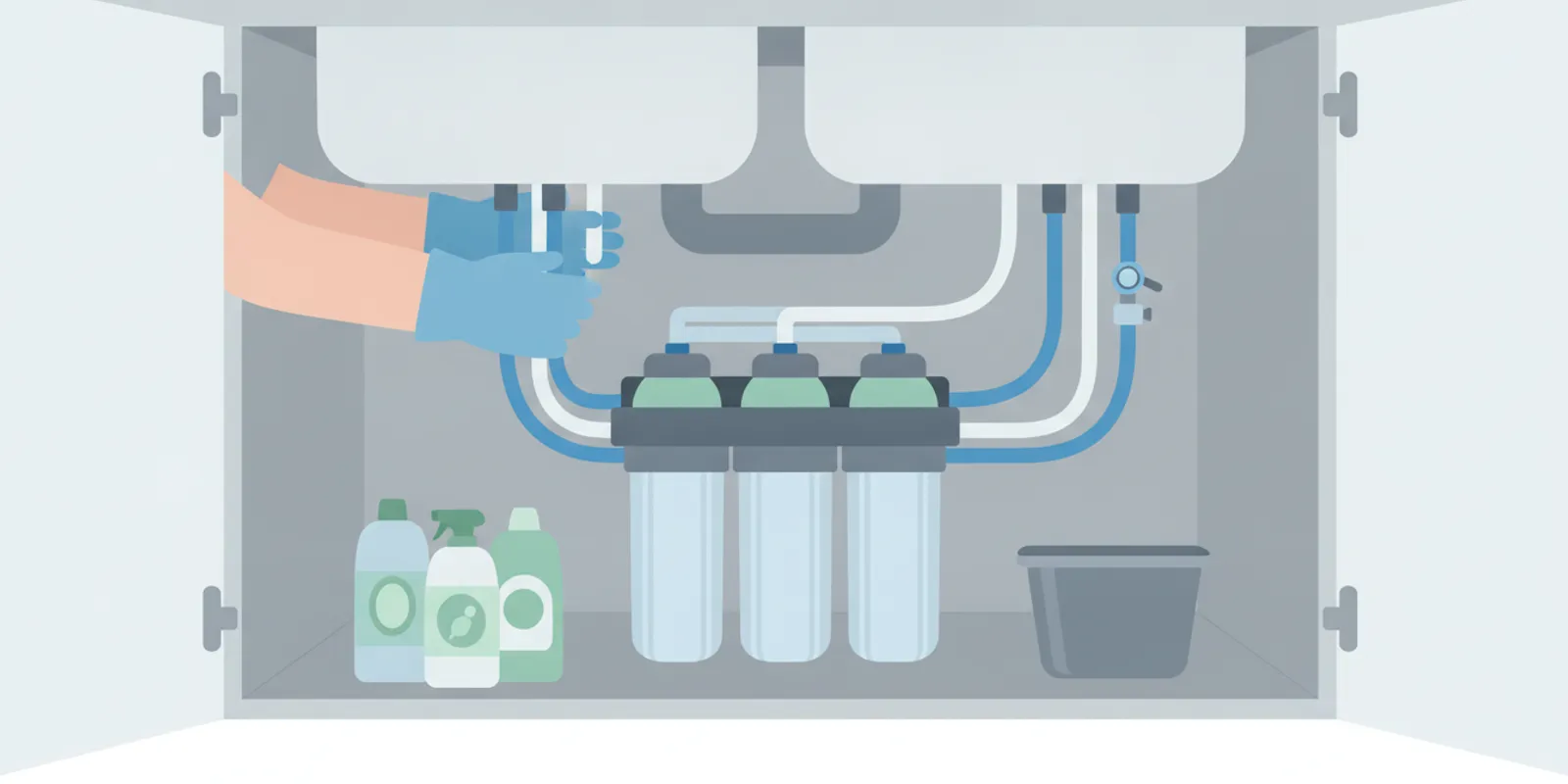 Under-sink water filtration system installed neatly inside a home kitchen cabinet