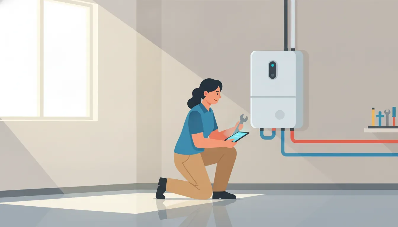 HVAC technician inspecting a modern tankless water heater in a Florida home