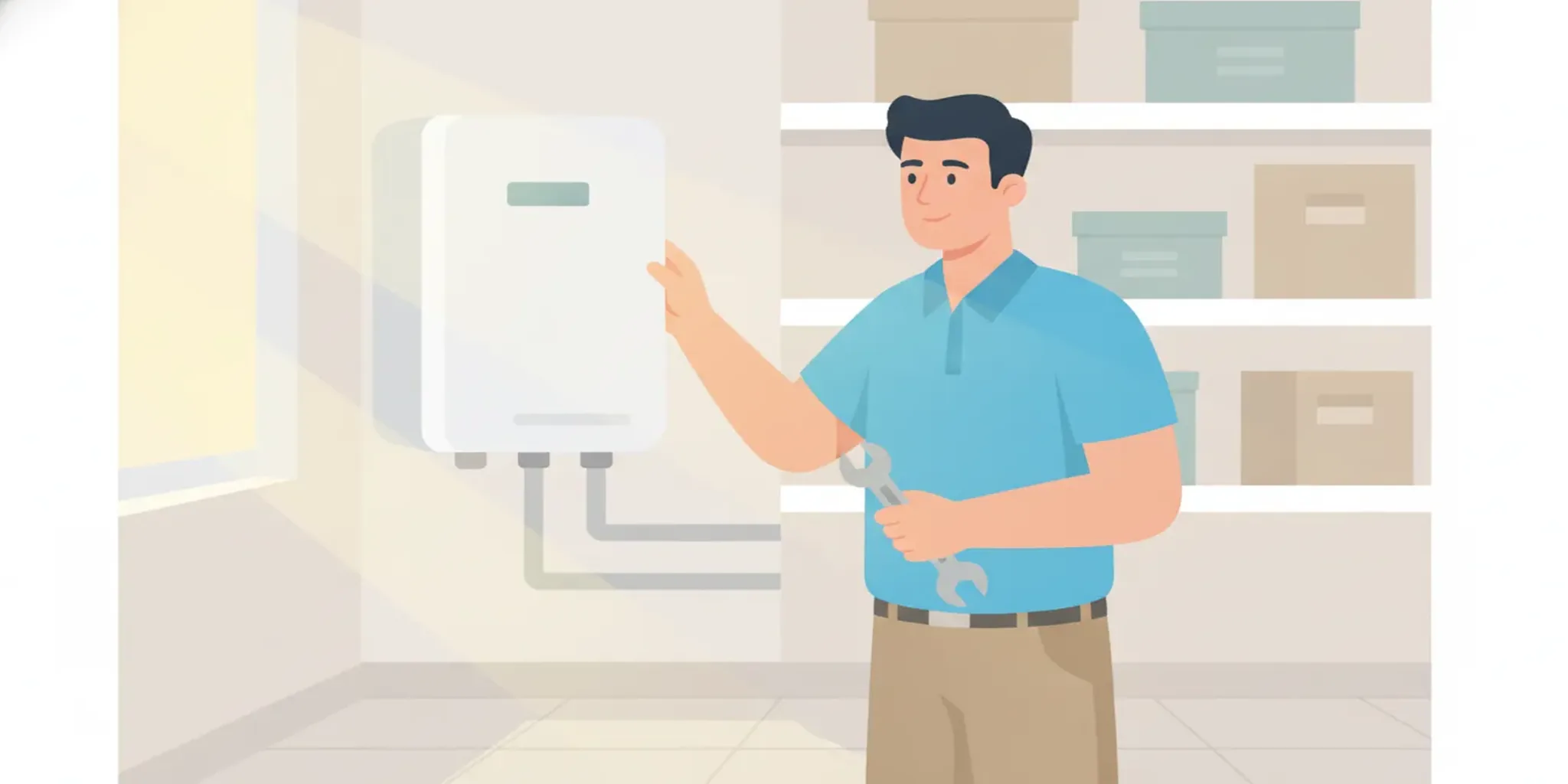 A professional plumber inspecting a modern water heater in a bright Florida utility closet