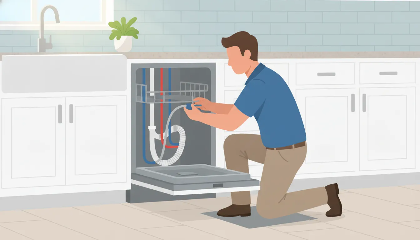 Plumber installing a dishwasher beneath a kitchen counter