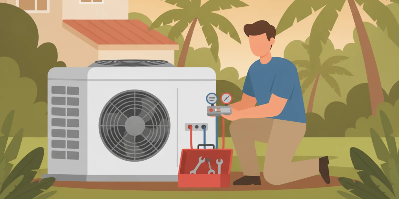 HVAC technician inspecting an outdoor air conditioner at a Florida home