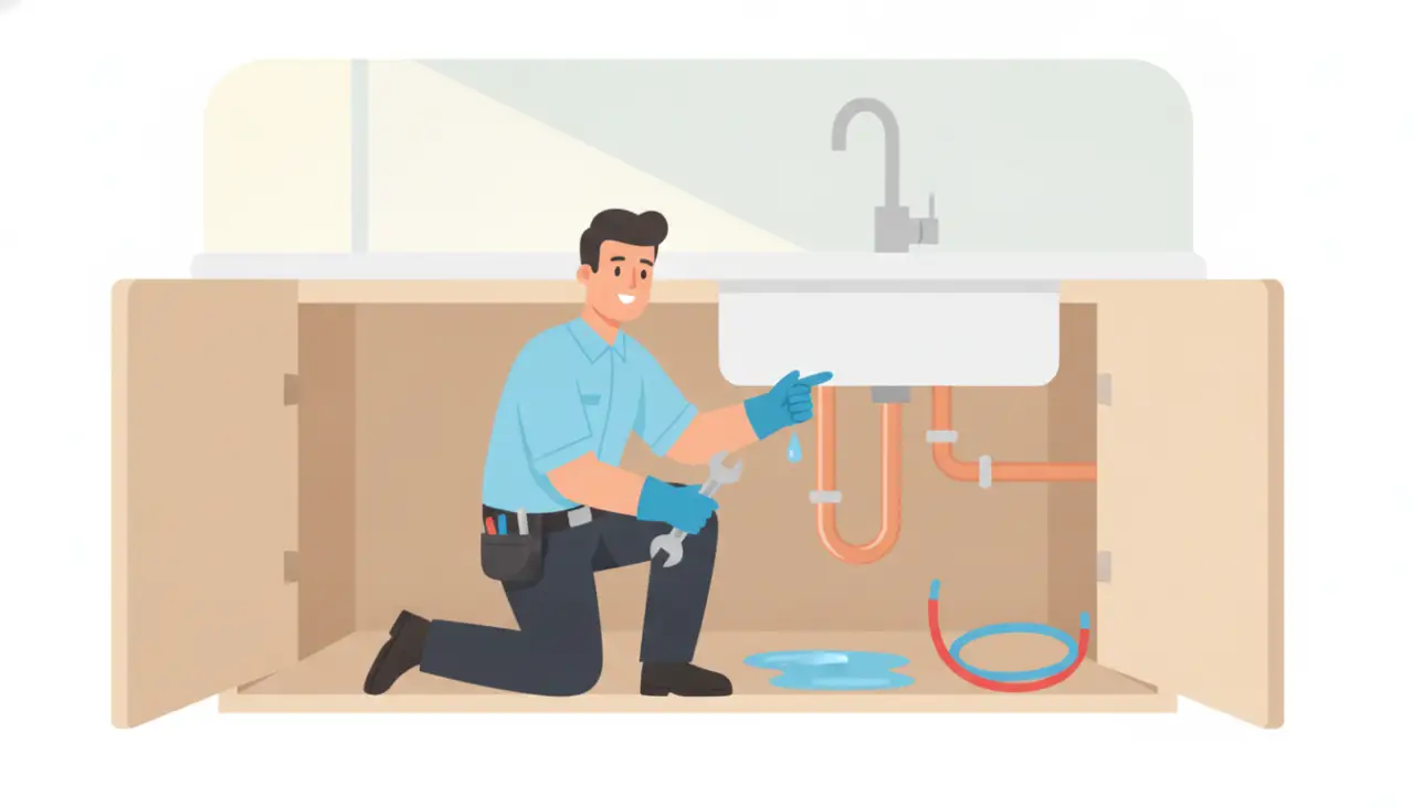 A plumber inspects a wet supply line under a kitchen sink in a South Florida home