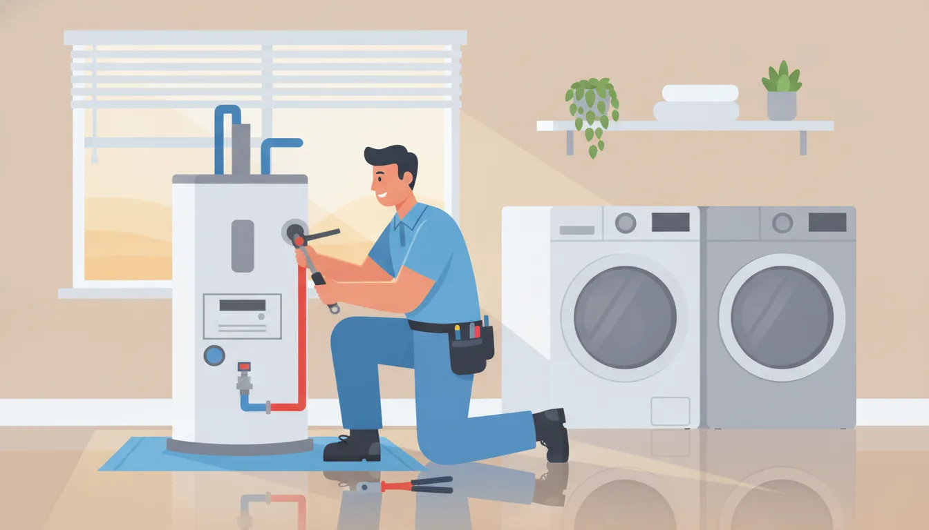 Licensed plumber inspecting a modern water heater in a Florida home
