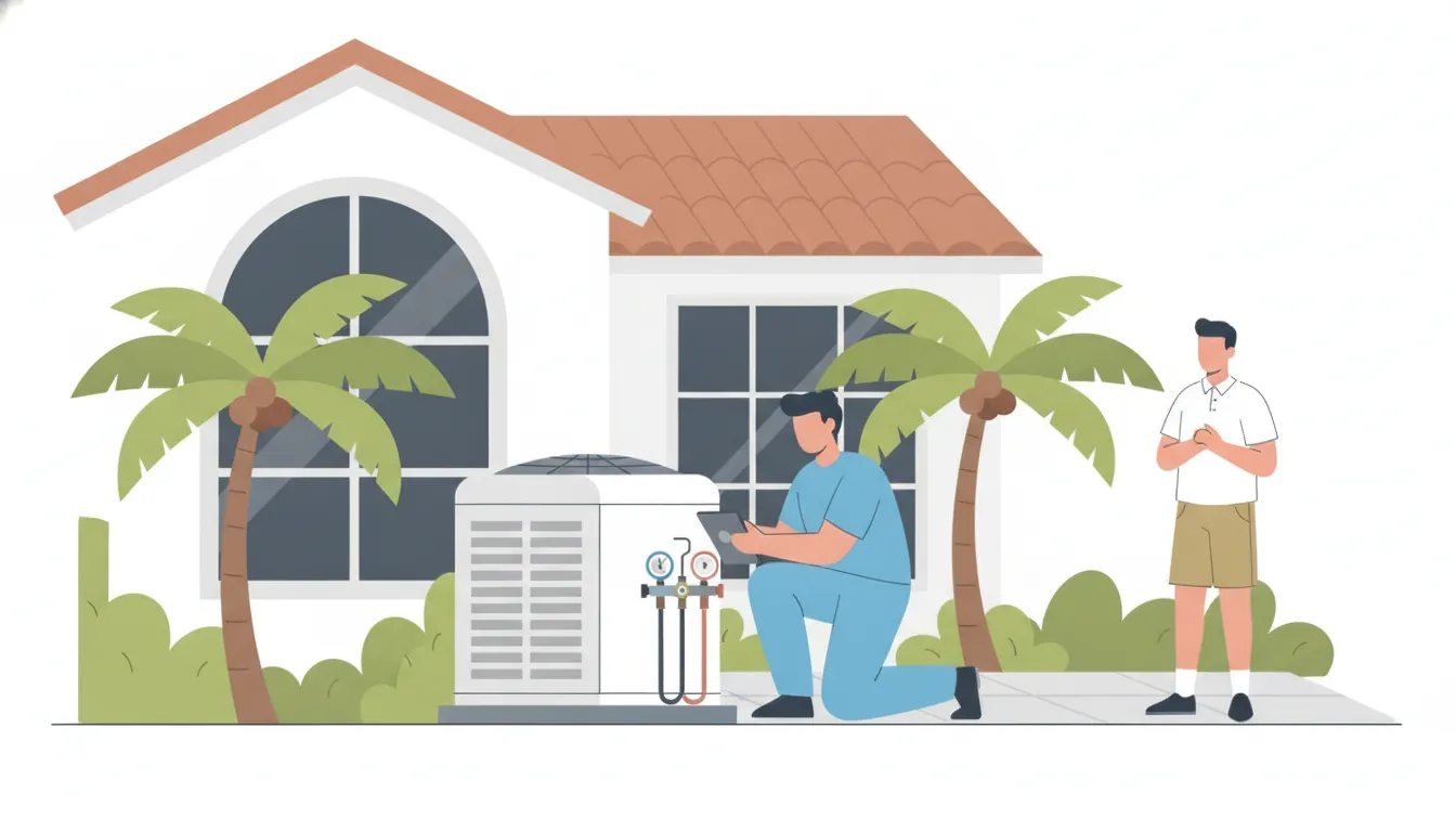 HVAC technician inspecting a heat pump outside a Florida home