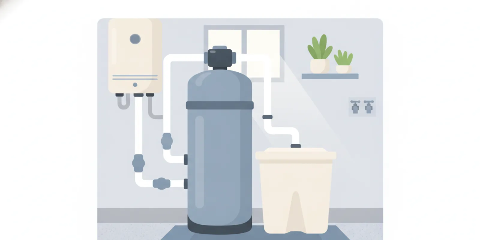Ion-exchange water softener and salt tank installed in a home utility area