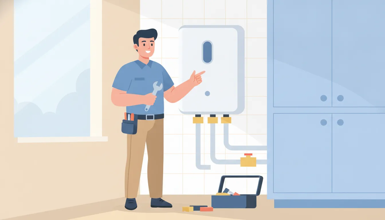 Licensed technician inspecting a wall-mounted tankless water heater in a modern Florida home