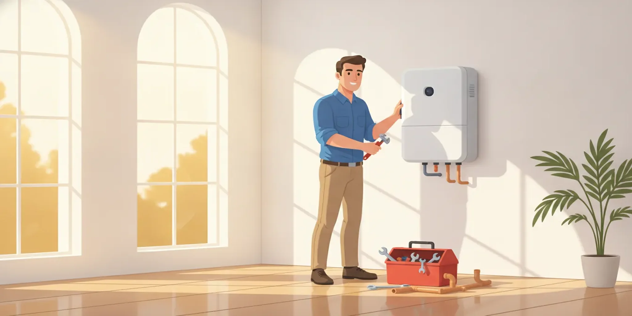 Plumber installing a tankless water heater in a Florida home