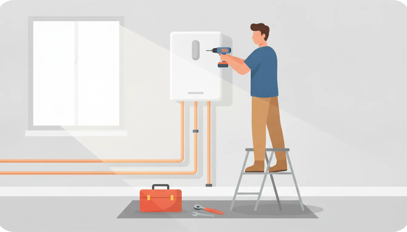 Professional technician installing a wall-mounted tankless water heater in a Stuart, FL home