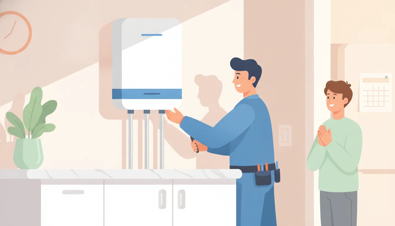 HVAC technician installing a wall-mounted tankless water heater in a bright Florida home