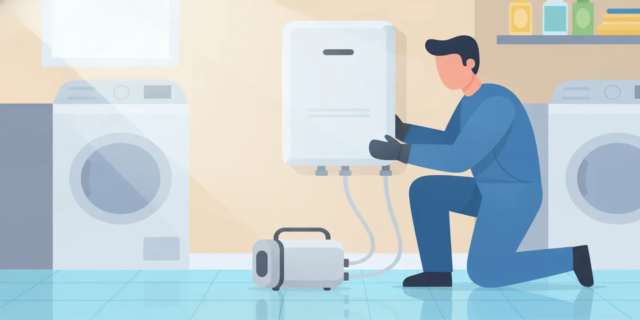 Technician descaling a wall-mounted tankless water heater with a pump and hoses