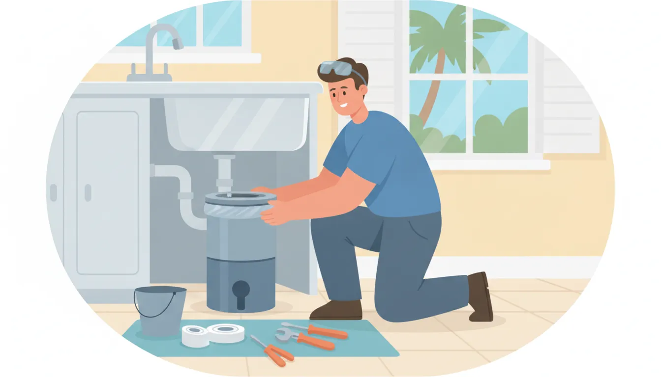 Plumber installing a garbage disposal beneath a kitchen sink