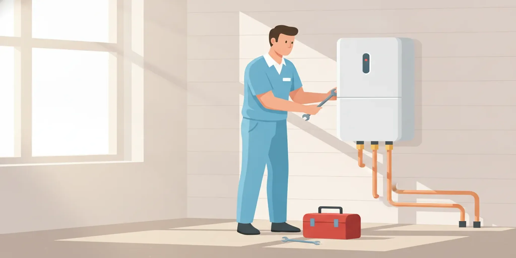 Professional technician installing a wall-mounted tankless water heater in a Florida home