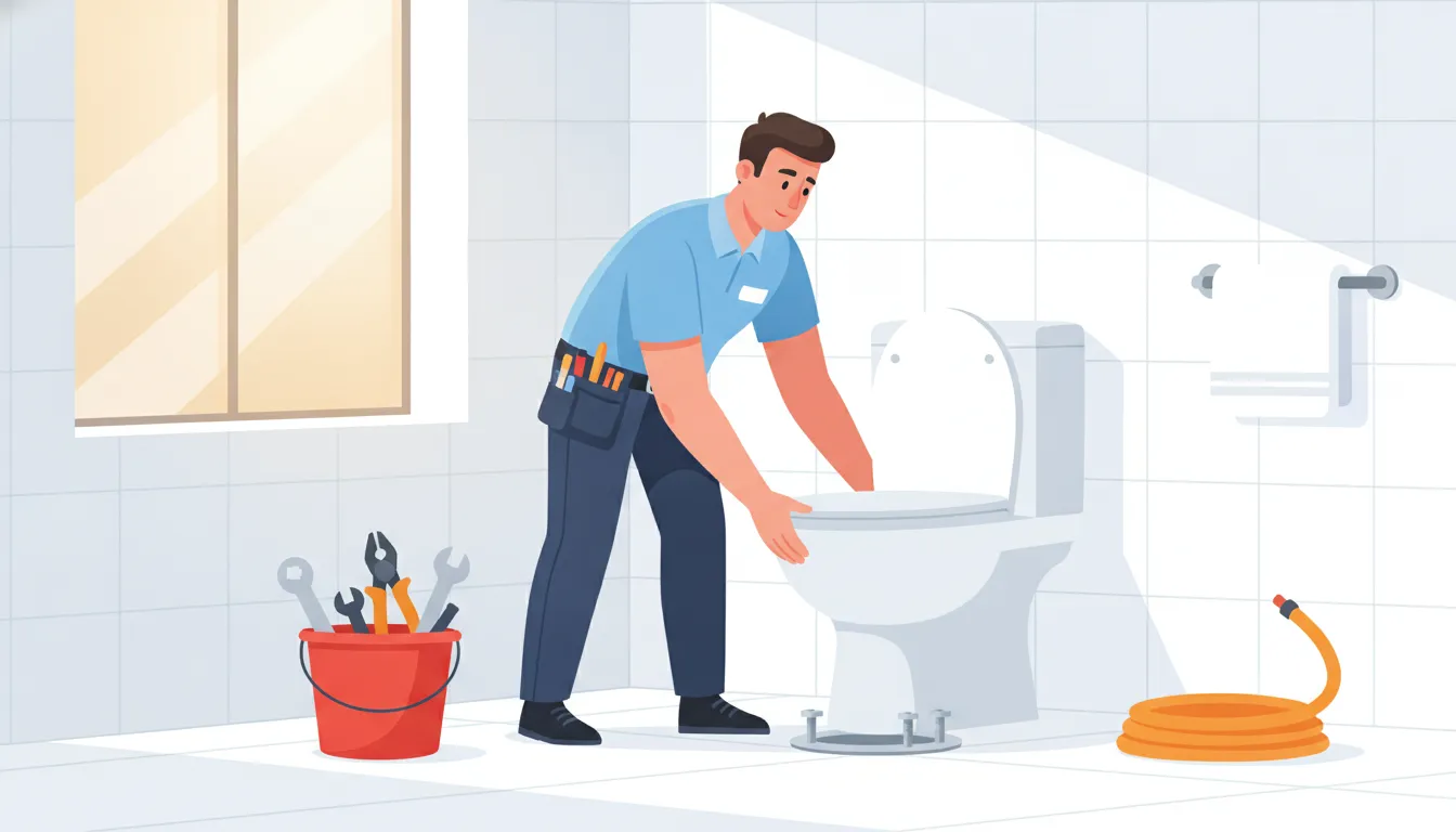 Licensed plumber positioning a toilet over a floor flange