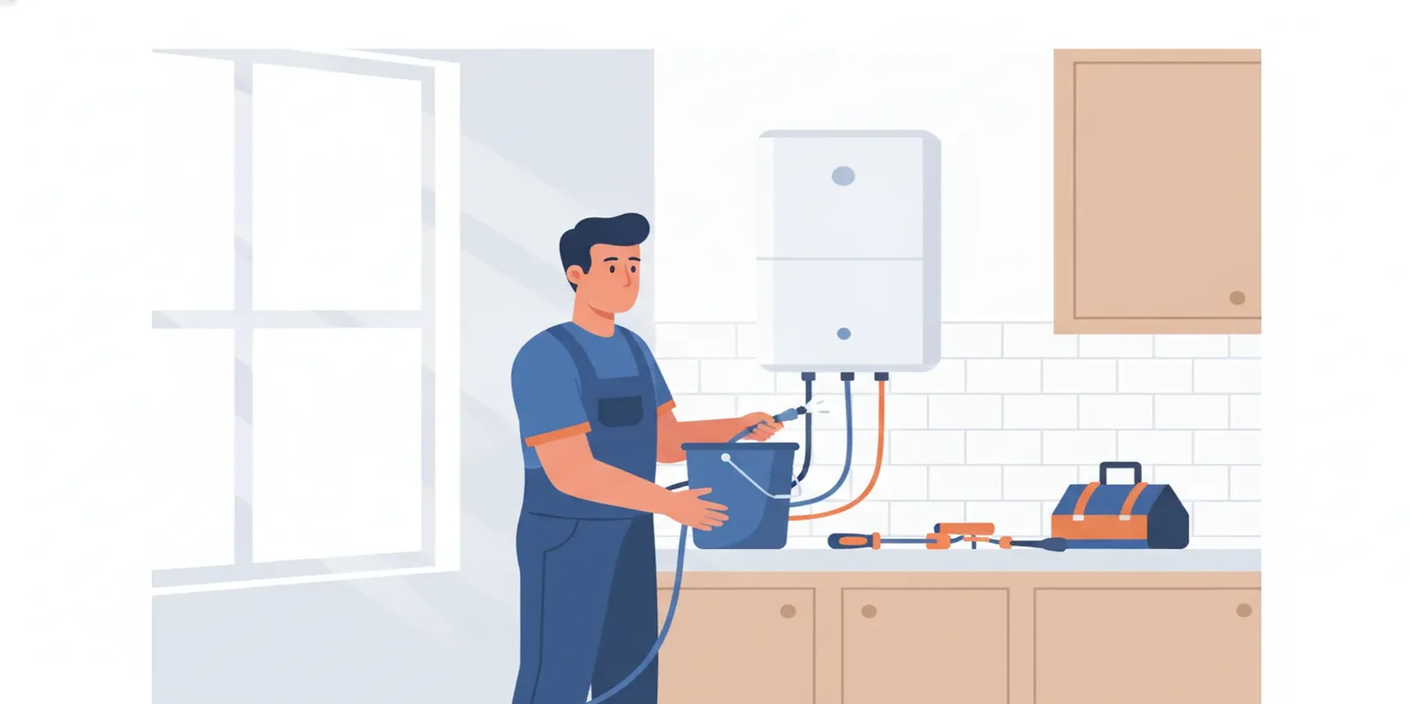 Technician servicing a wall-mounted tankless water heater in a Florida home