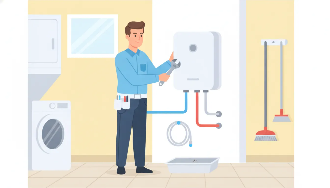 Professional plumber installing a wall-mounted tankless water heater in a home utility room