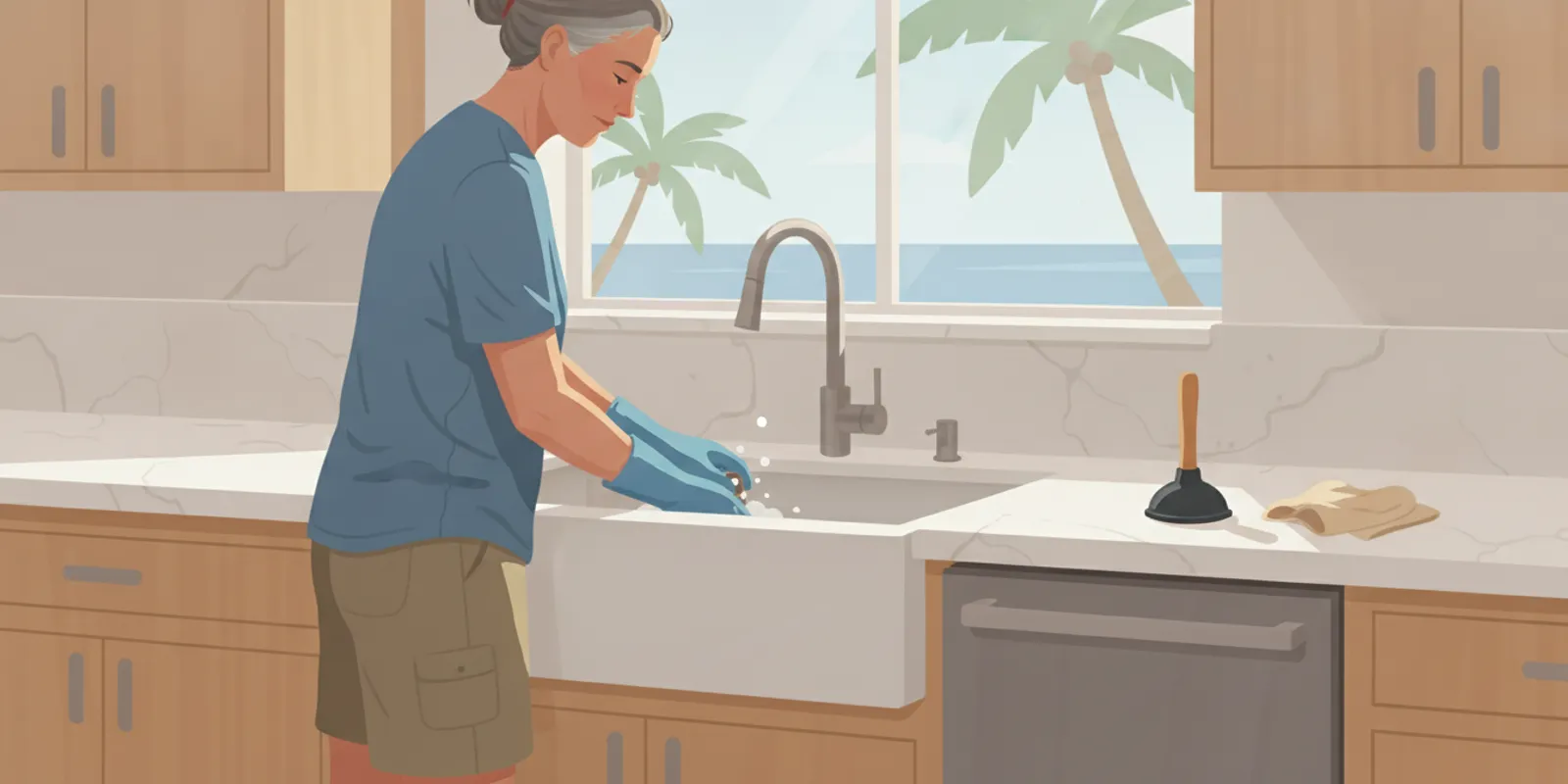 Homeowner using a sink plunger at a kitchen sink