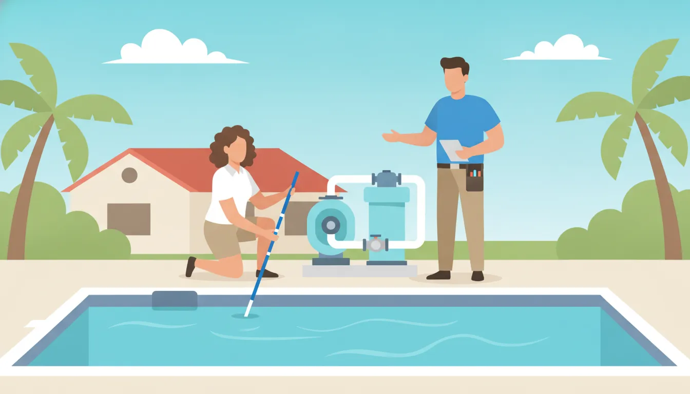 Homeowner checking pool water level near a Florida home