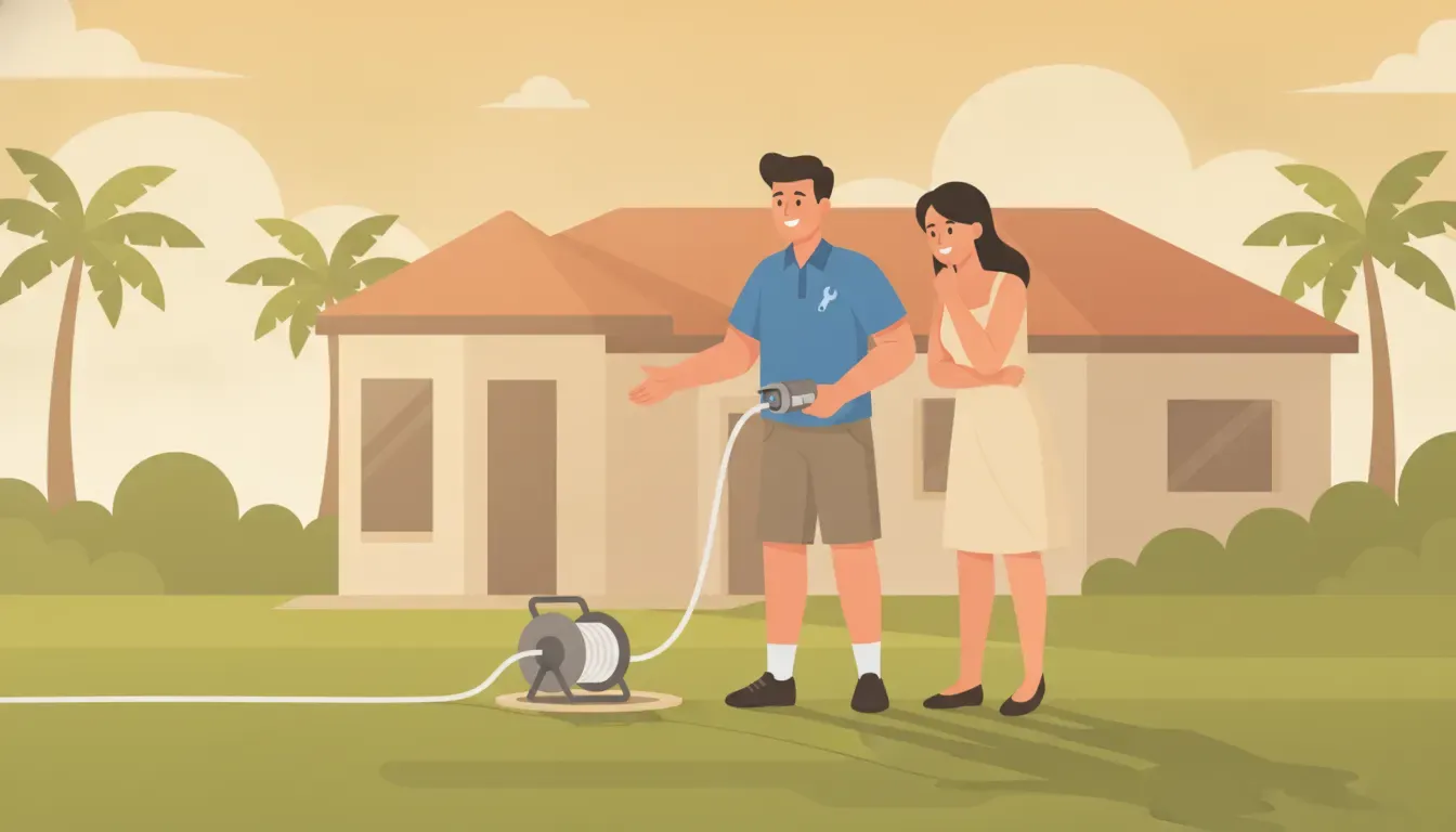 Plumber reviewing sewer repair options with a homeowner outside a South Florida home