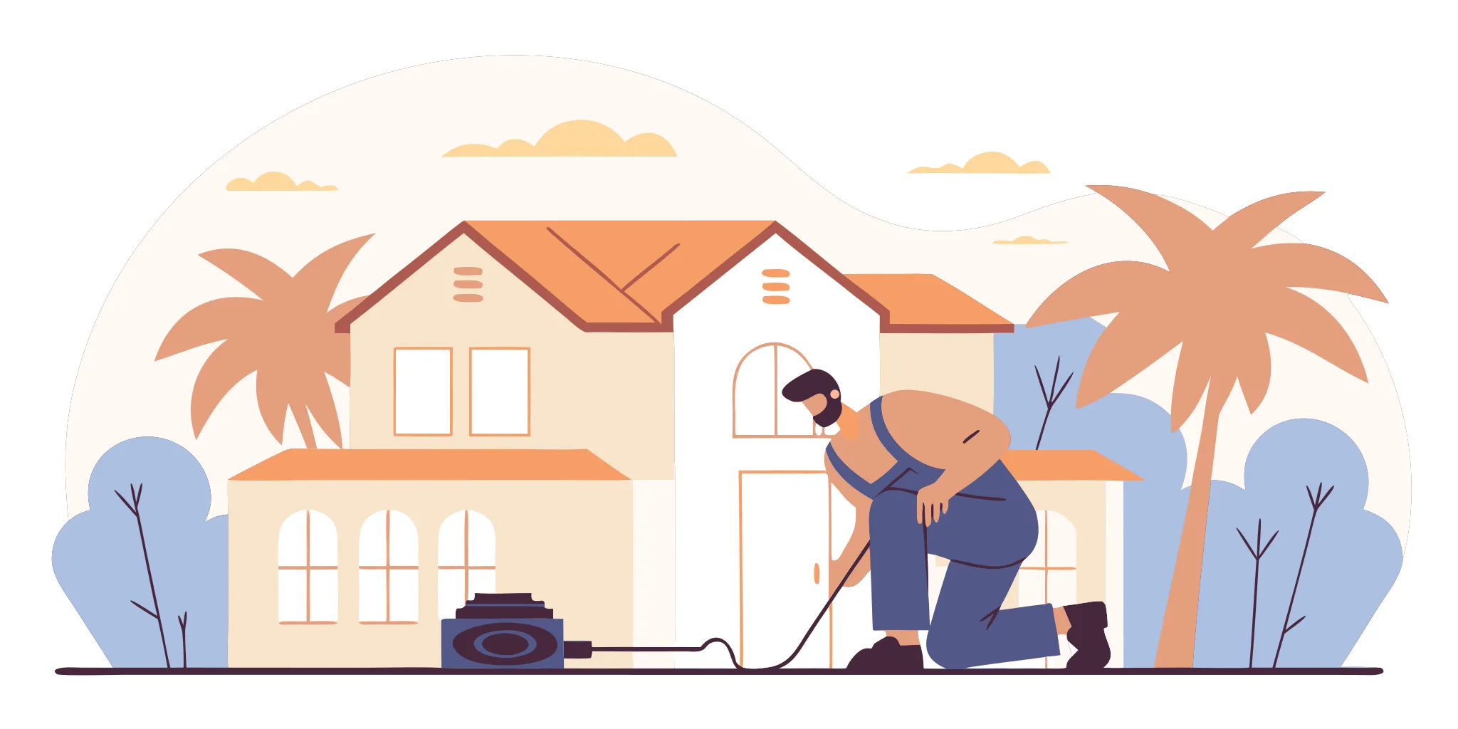 Professional plumber clearing a Florida home sewer drain line outside a coastal and subtropical residence