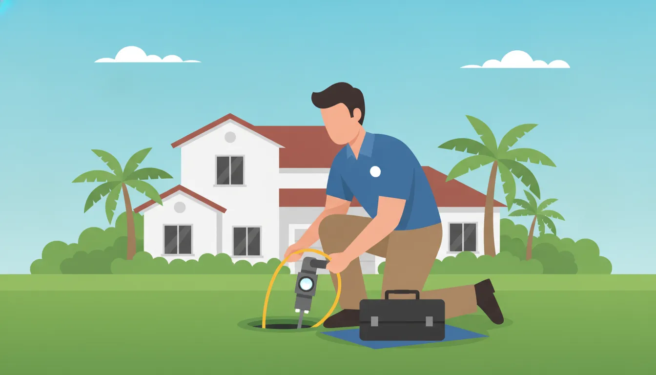 Plumber using a sewer camera inspection system beside a Treasure Coast home