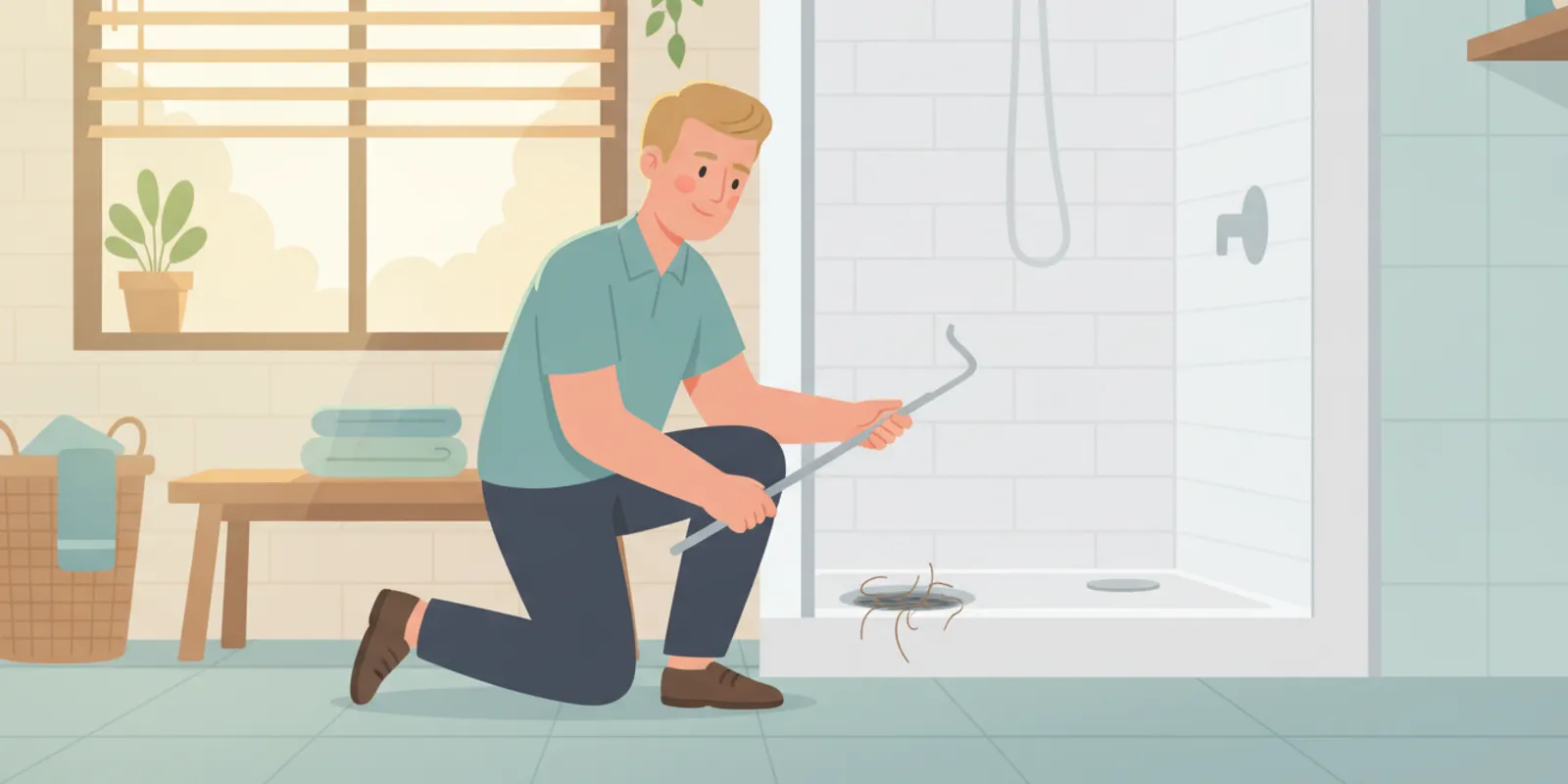 A homeowner checking a slow shower drain in a clean, bright bathroom