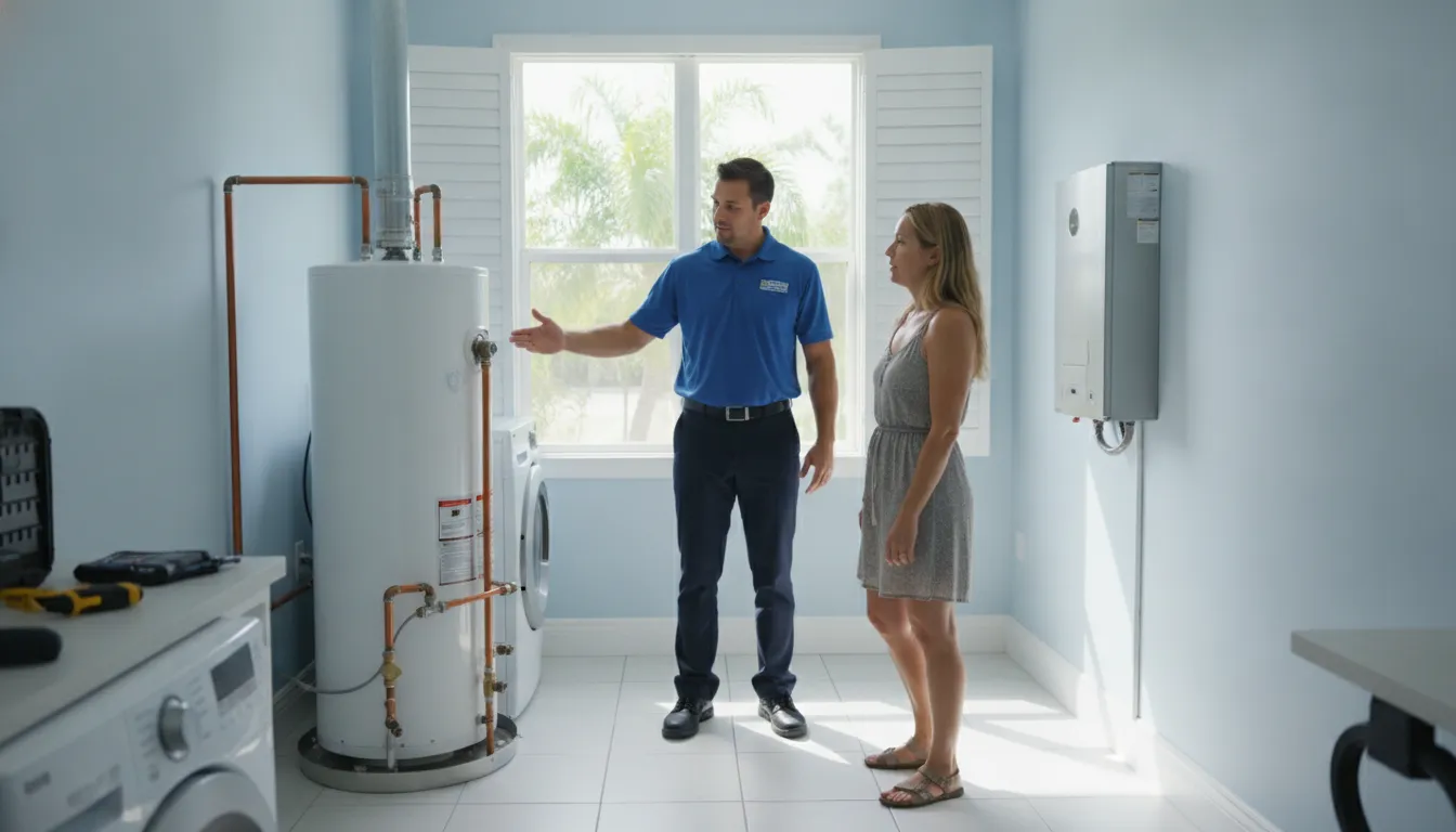 Professional plumber showing a Florida homeowner the difference between tankless and tank water heaters