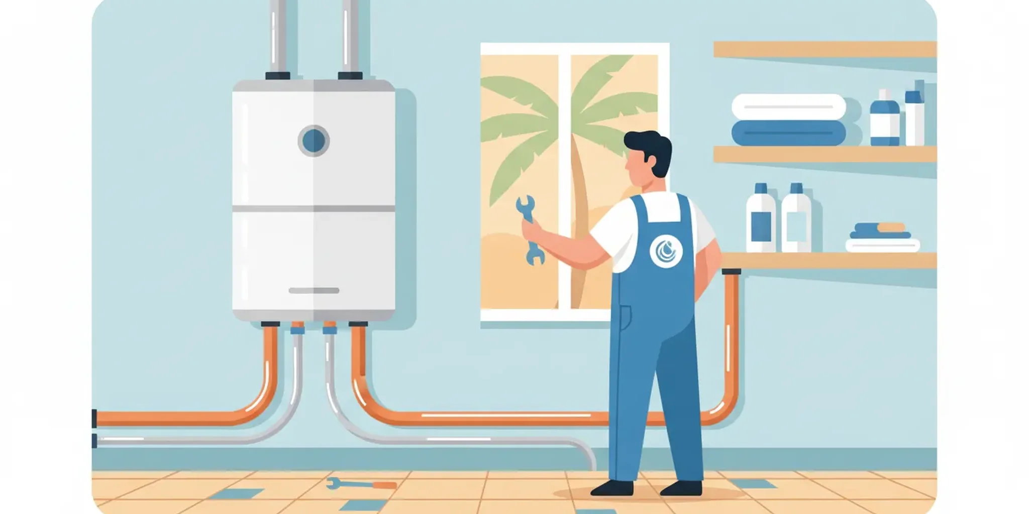 Licensed technician installing a wall-mounted tankless water heater in a Florida home