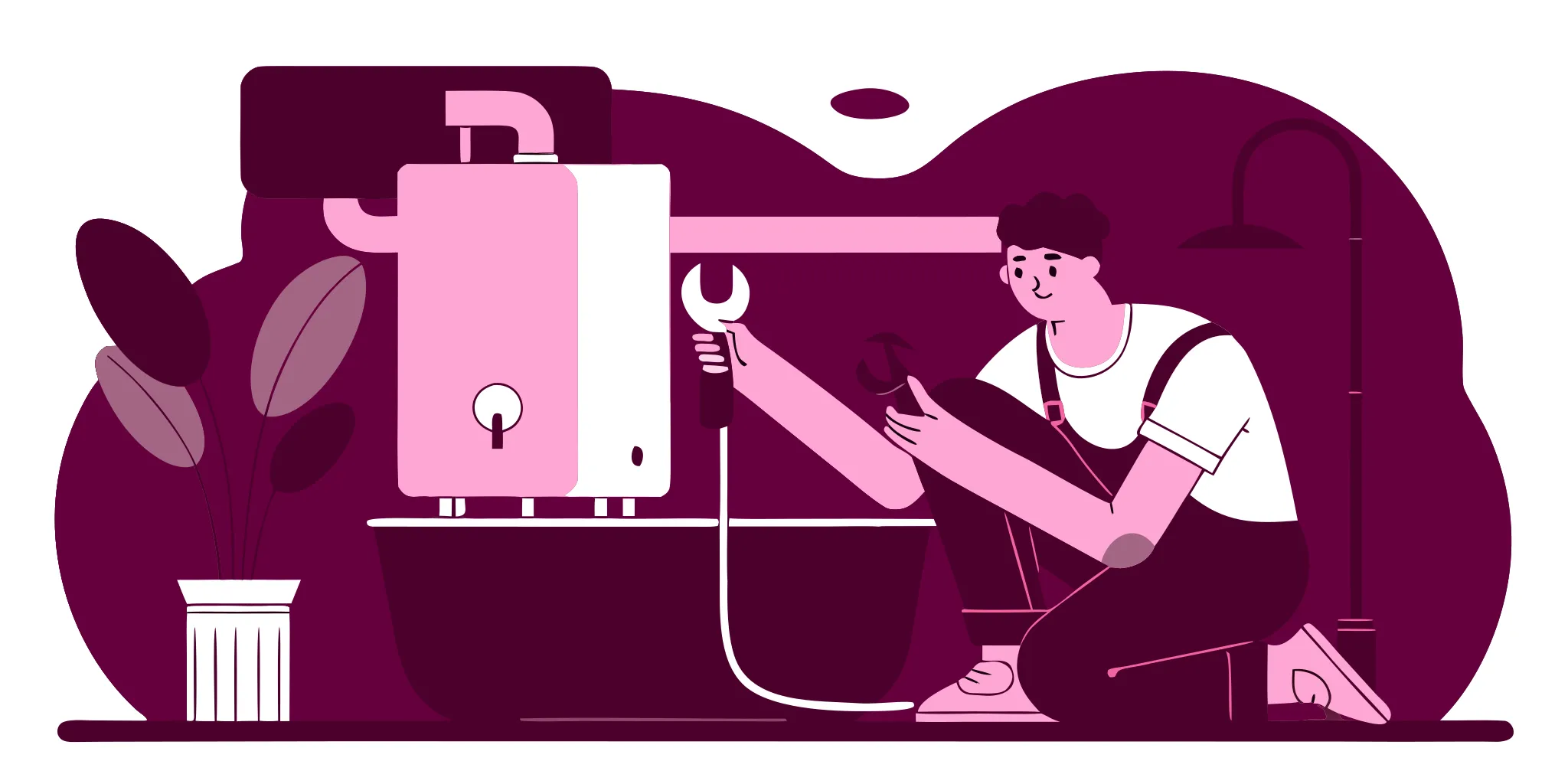 Professional plumber installing a compact tankless water heater in a bright utility room