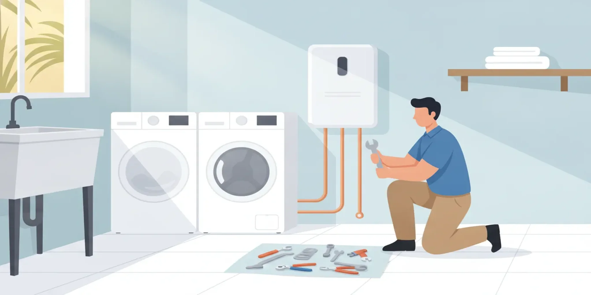 Licensed plumber installing a wall-mounted tankless water heater in a Stuart, Florida home