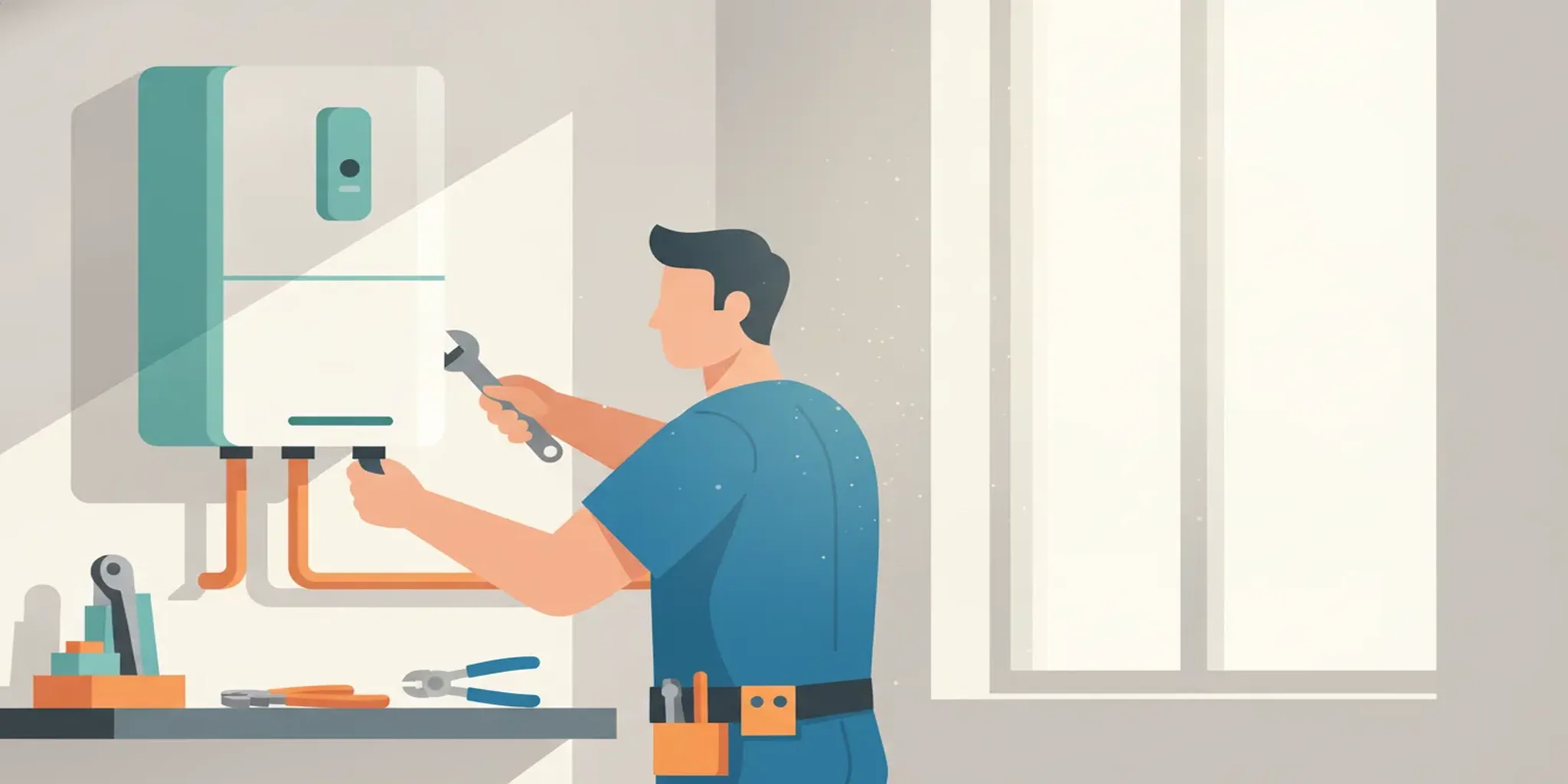 Licensed plumber mounting a wall-hung tankless water heater during installation