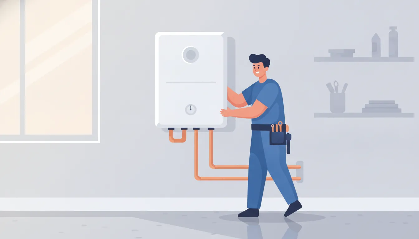 Professional plumber installing a tankless water heater in a Stuart, FL home