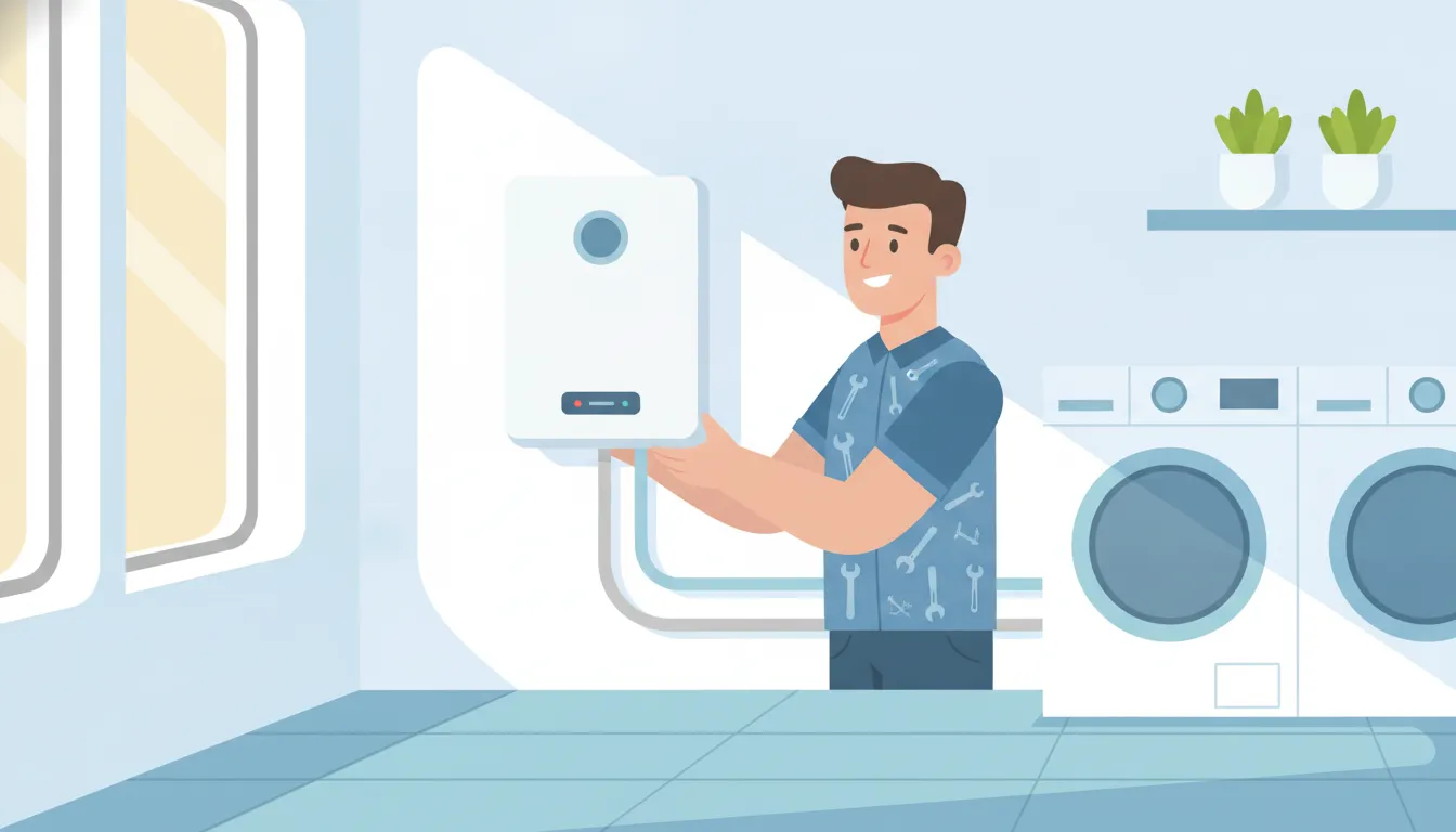 Licensed plumber installing a wall-mounted tankless water heater in a Florida home