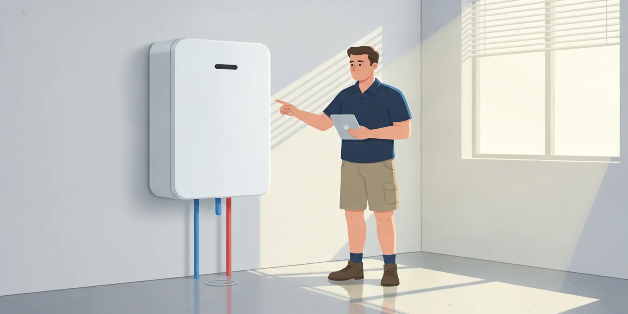 Wall-mounted tankless water heater inspected by a professional plumber in a Stuart, Florida home