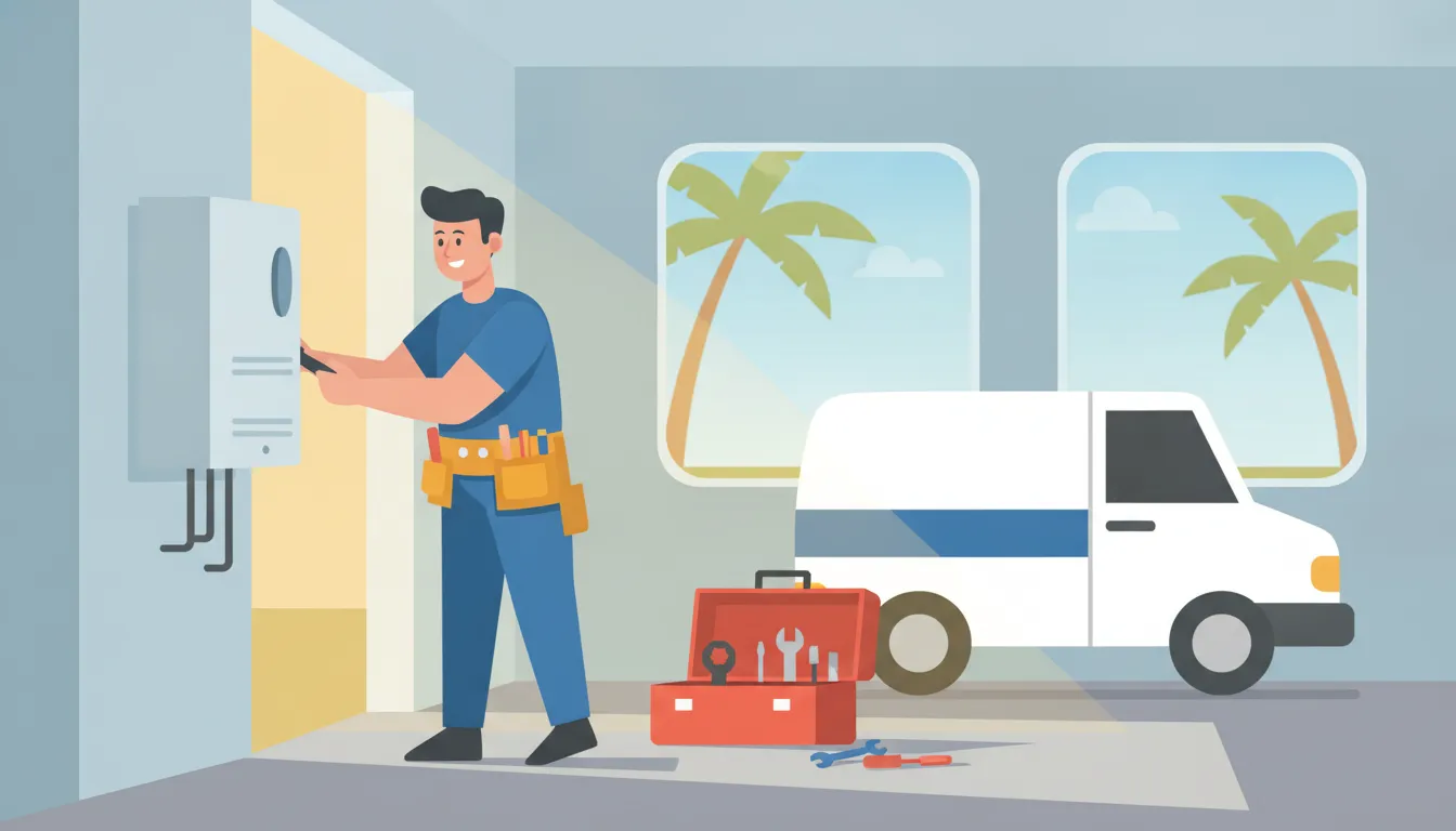Plumber servicing a wall-mounted tankless water heater