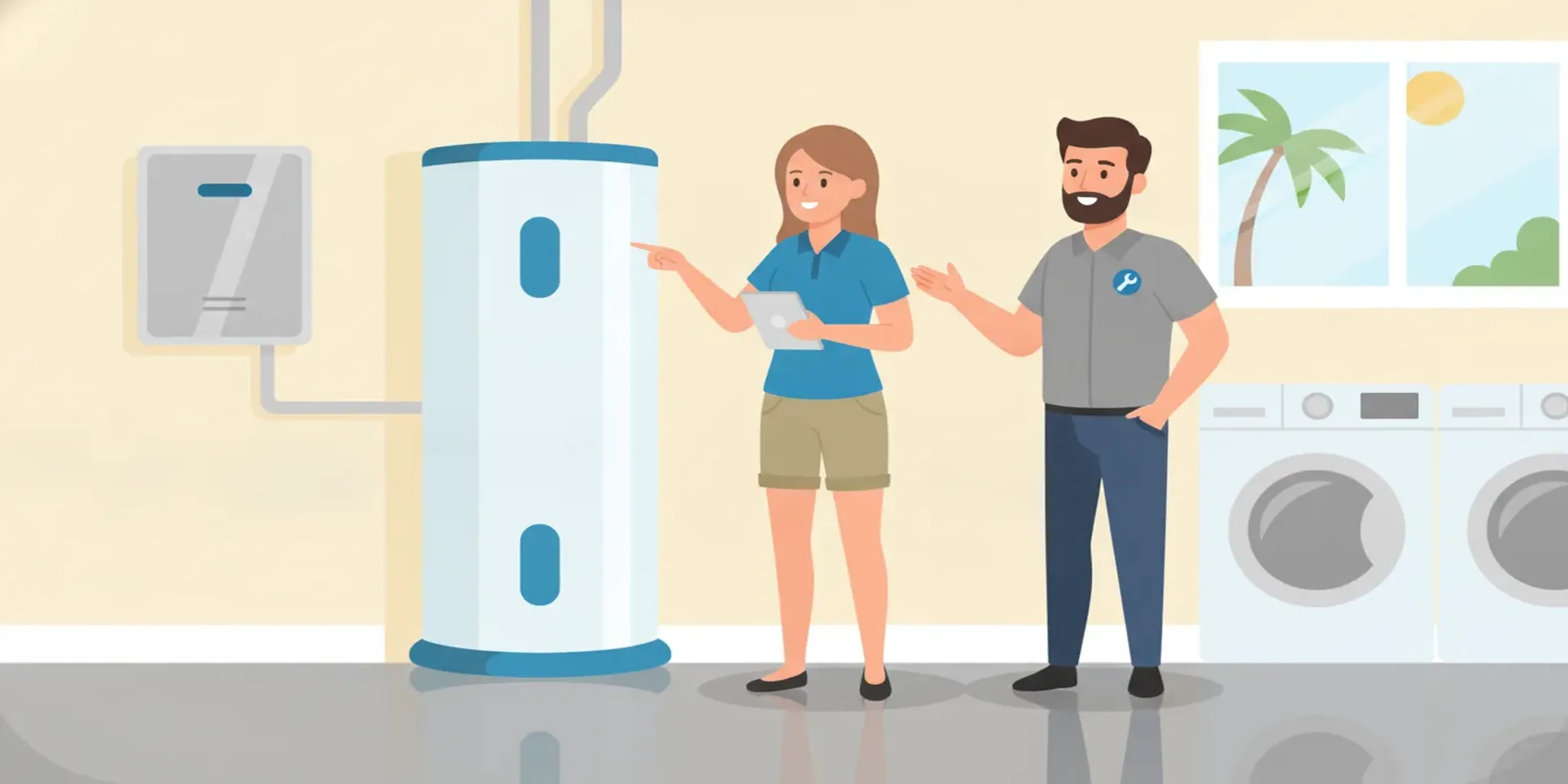 Professional plumber comparing tankless and tank water heaters in a Stuart, Florida home