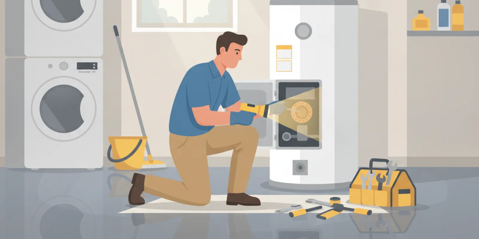 Plumber inspecting the burner area of a residential water heater