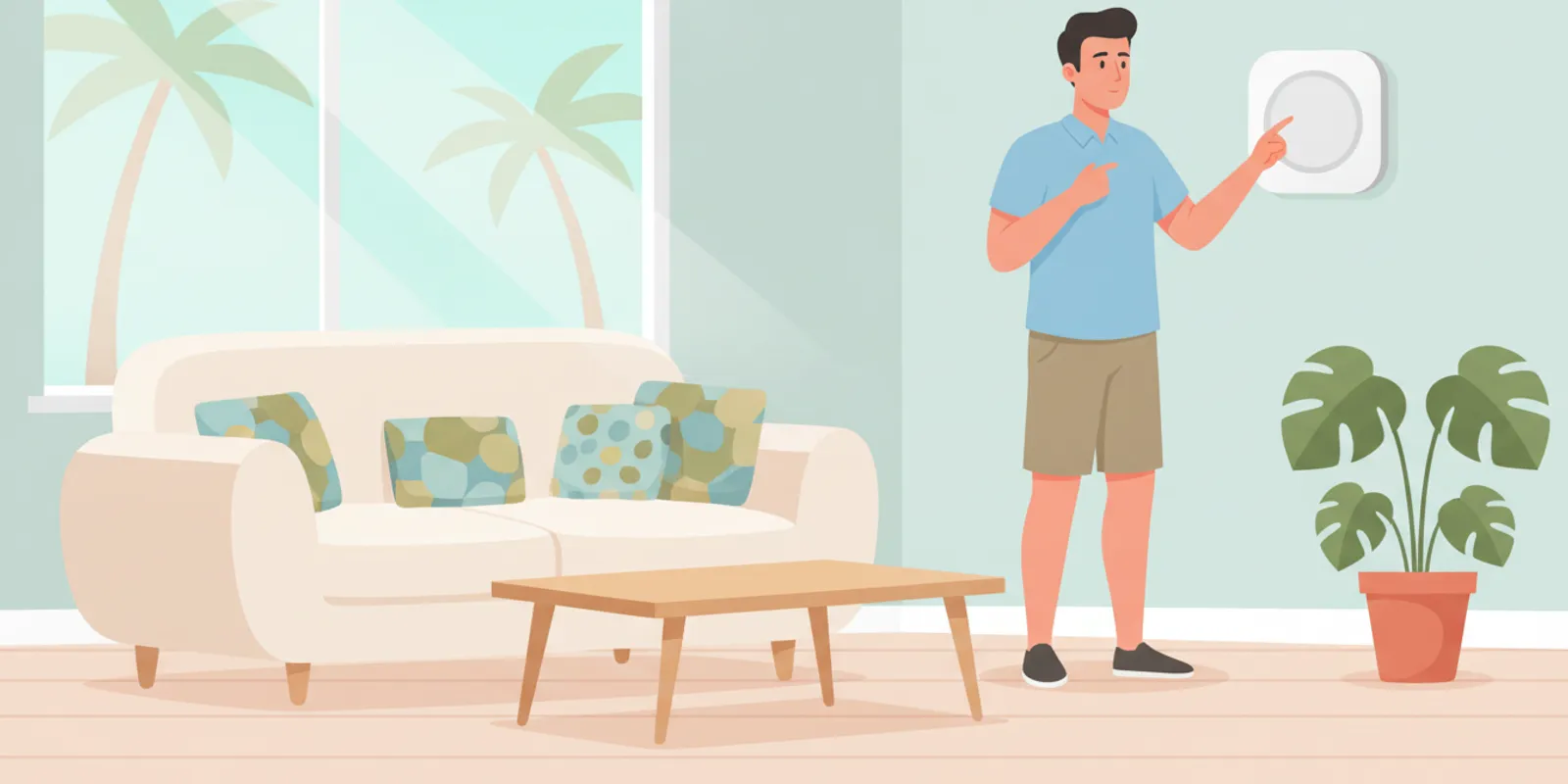 A homeowner reviewing a wall thermostat in a bright Florida living room