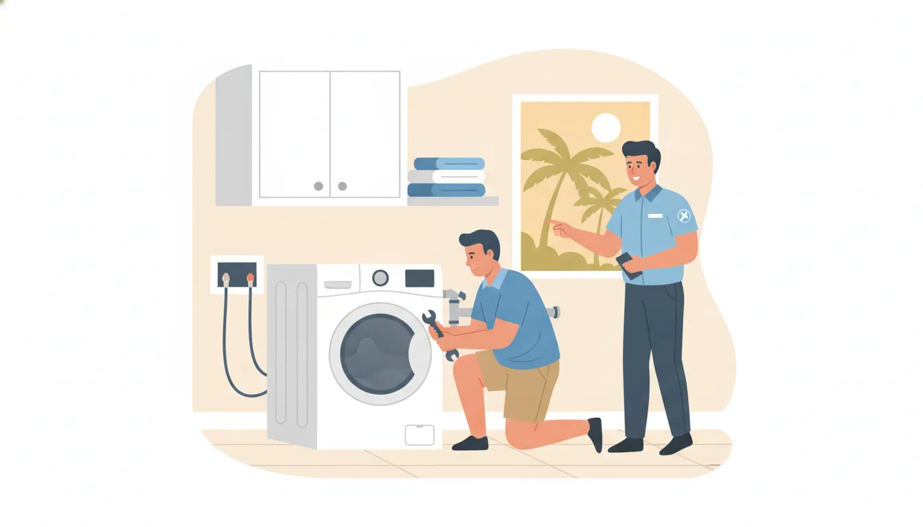 Homeowner and technician examining a washing machine in a Treasure Coast laundry room