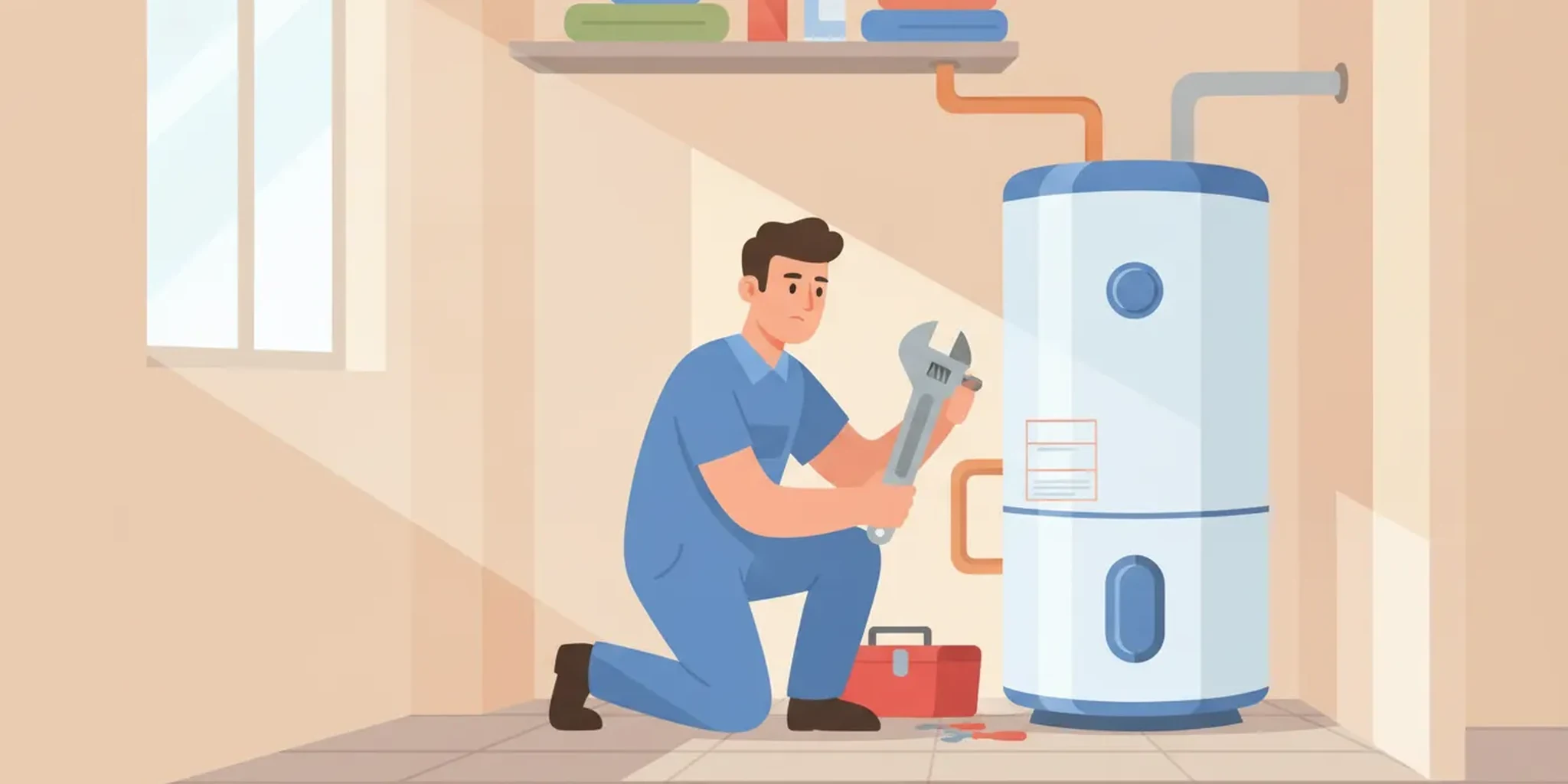 Licensed plumber installing a new water heater in a bright Florida utility closet