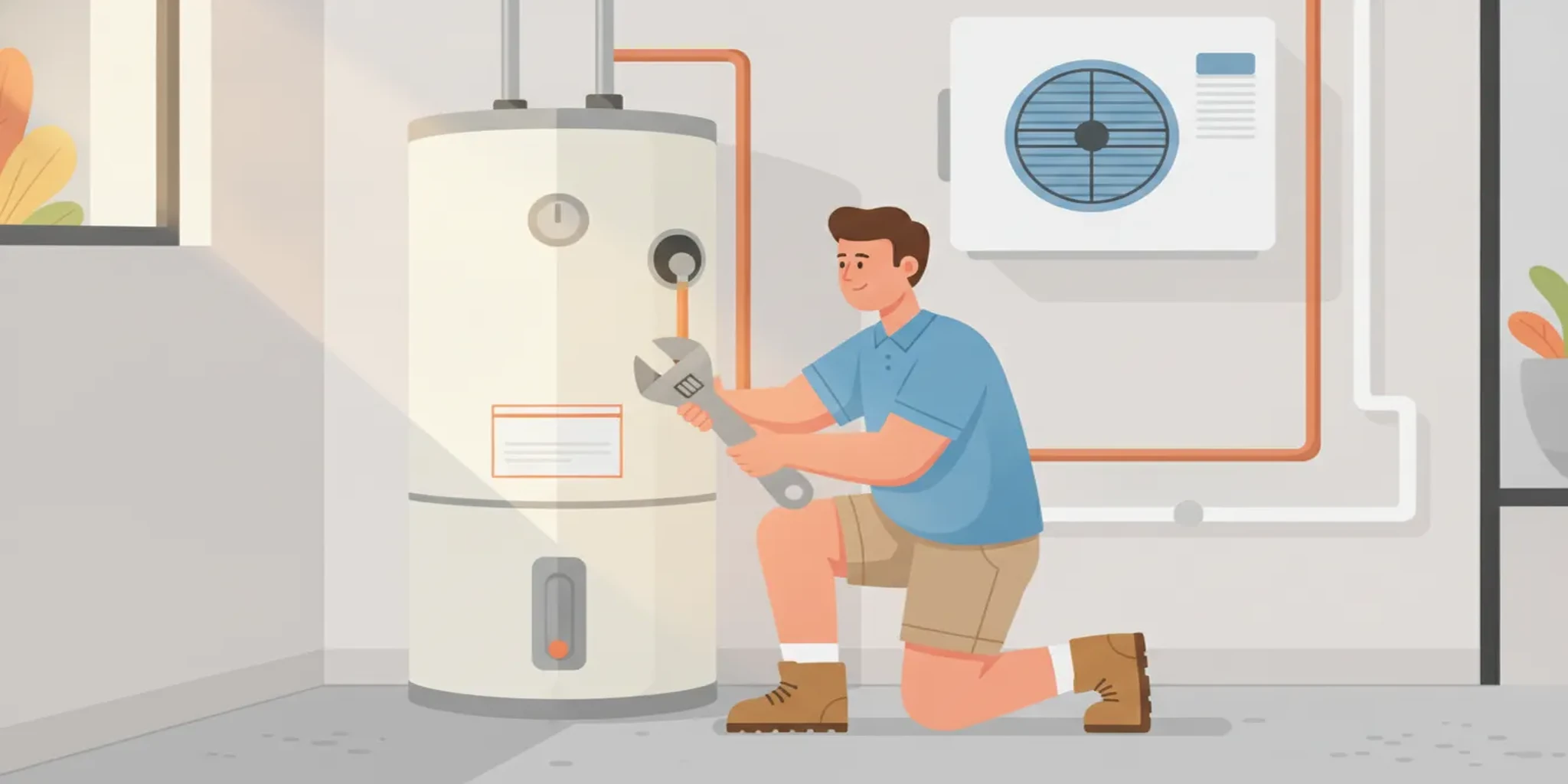 Professional plumber inspecting a tank water heater in a Florida home utility closet