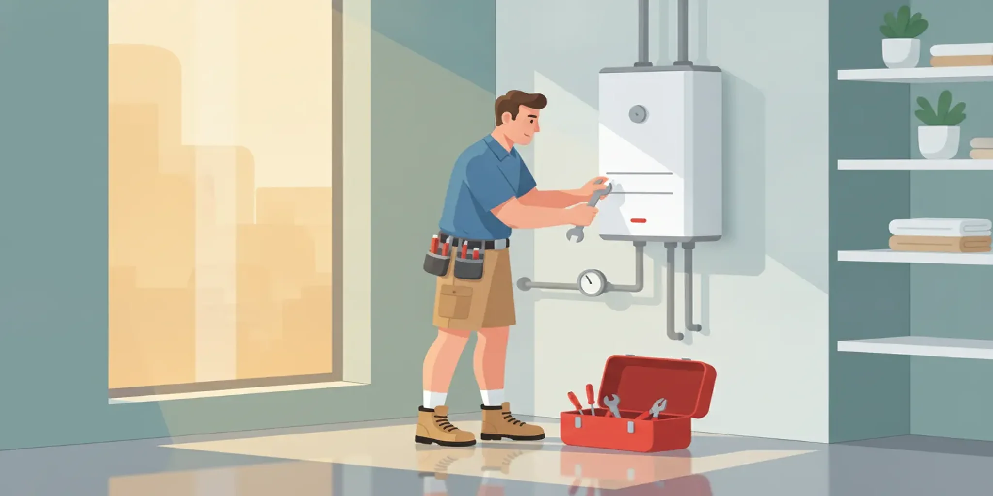 A professional plumber inspecting a wall-mounted tankless water heater in a modern utility closet