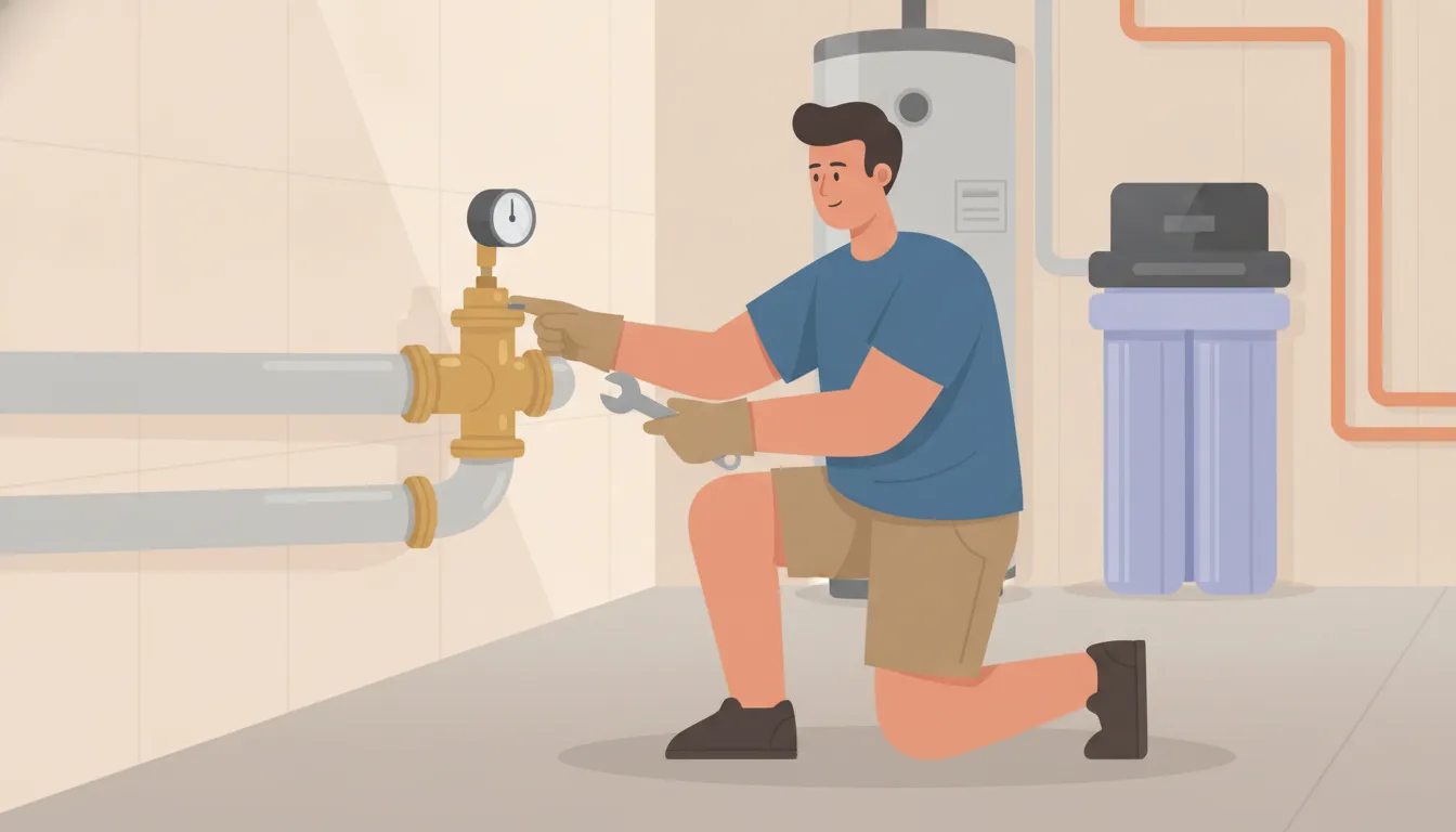 Plumber inspecting a residential water pressure reducing valve