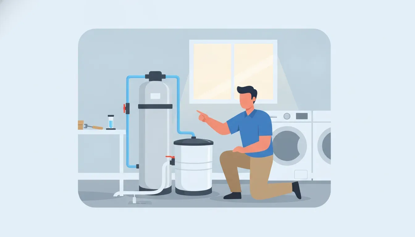 Plumber assessing a water softener installation in a Florida home utility room
