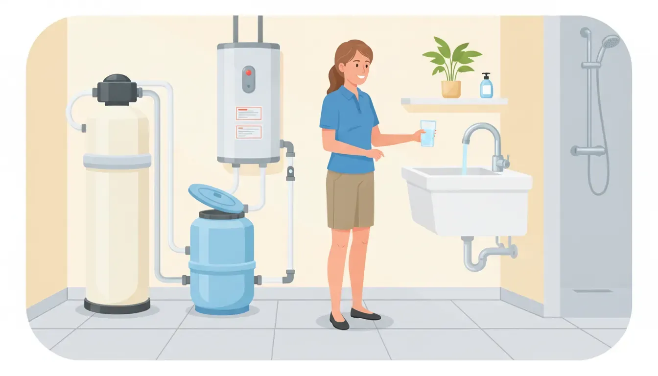 Water softeners in a Florida home utility room with a homeowner checking clear water