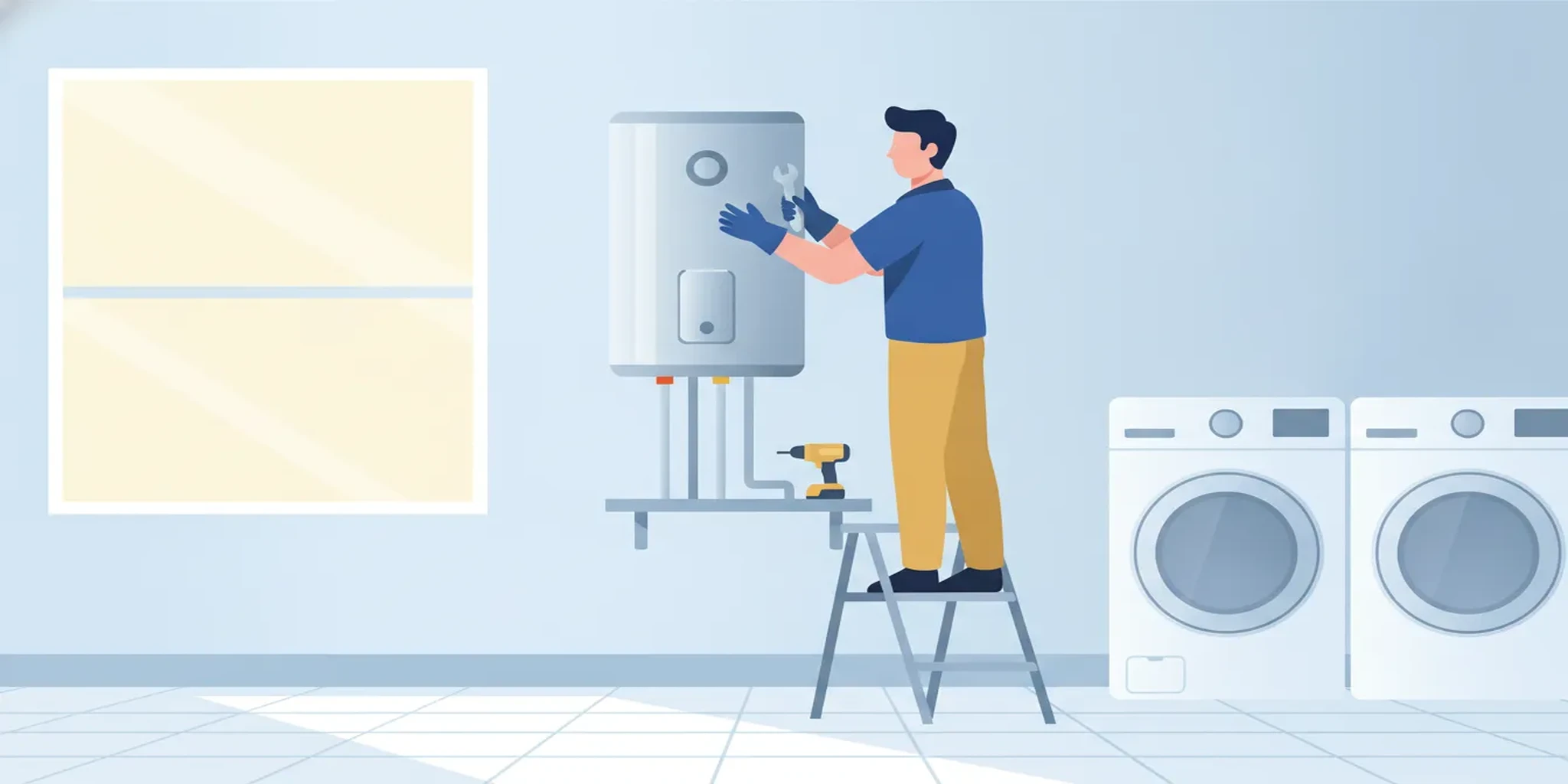 Professional technician servicing a wall-mounted tankless water heater in a Florida utility room